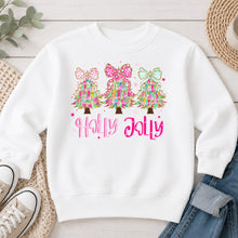 Load image into Gallery viewer, Holly Jolly Trees Bows Christmas design on White crewneck sweatshirt