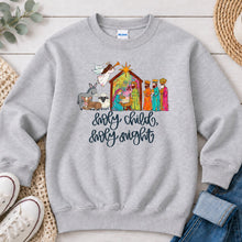 Load image into Gallery viewer, Holy Child Holy Night Nativity Christmas design on Ash Grey crewneck sweatshirt