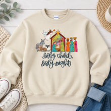 Load image into Gallery viewer, Holy Child Holy Night Nativity Christmas design on Sand crewneck sweatshirt