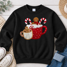 Load image into Gallery viewer, Hot Cocoa Gingerbread Christmas design on Black crewneck sweatshirt