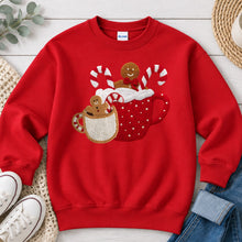 Load image into Gallery viewer, Hot Cocoa Gingerbread Christmas design on Red crewneck sweatshirt