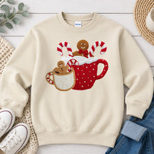 Load image into Gallery viewer, Hot Cocoa Gingerbread Christmas design on Sand crewneck sweatshirt