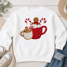 Load image into Gallery viewer, Hot Cocoa Gingerbread Christmas design on White crewneck sweatshirt