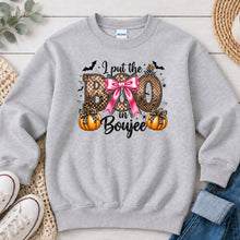 Load image into Gallery viewer, I Put The Boo In Boujee Halloween design on Ash Grey crewneck sweatshirt