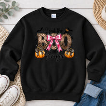 Load image into Gallery viewer, I Put The Boo In Boujee Halloween design on Black crewneck sweatshirt