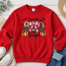 Load image into Gallery viewer, I Put The Boo In Boujee Halloween design on Red crewneck sweatshirt