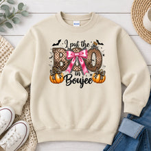 Load image into Gallery viewer, I Put The Boo In Boujee Halloween design on Sand crewneck sweatshirt