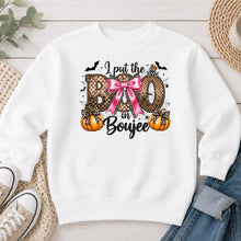 Load image into Gallery viewer, I Put The Boo In Boujee Halloween design on White crewneck sweatshirt
