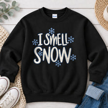 Load image into Gallery viewer, I Smell Snow Embroidered Patch Winter design on Black crewneck sweatshirt