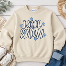 Load image into Gallery viewer, I Smell Snow Embroidered Patch Winter design on Sand crewneck sweatshirt