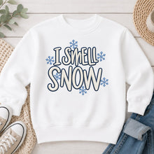 Load image into Gallery viewer, I Smell Snow Embroidered Patch Winter design on White crewneck sweatshirt