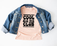 Load image into Gallery viewer, a casual outfit consisting of a denim jacket and a pink t-shirt with the text "COOL BIG SIS CLUB" printed on it.