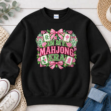 Load image into Gallery viewer, In My Mahjong Era Pink Bows Mahjong design on Black crewneck sweatshirt