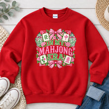 Load image into Gallery viewer, In My Mahjong Era Pink Bows Mahjong design on Red crewneck sweatshirt