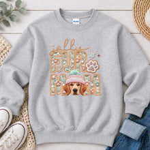 Load image into Gallery viewer, Jolly Golden Retriever Christmas design on Ash Grey crewneck sweatshirt