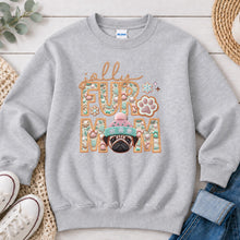 Load image into Gallery viewer, Jolly Pug Christmas design on Ash Grey crewneck sweatshirt