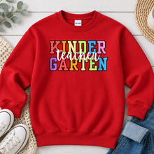 Load image into Gallery viewer, Kindergarten Teacher Rainbow Teacher design on Red crewneck sweatshirt
