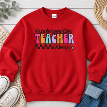 Load image into Gallery viewer, Kindergarten Teacher Vibes Teacher design on Red crewneck sweatshirt