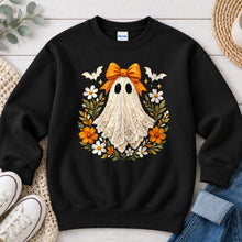 Load image into Gallery viewer, Lace Ghost Orange Bow Halloween design on Black crewneck sweatshirt