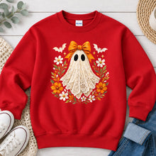 Load image into Gallery viewer, Lace Ghost Orange Bow Halloween design on Red crewneck sweatshirt