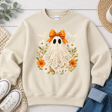 Load image into Gallery viewer, Lace Ghost Orange Bow Halloween design on Sand crewneck sweatshirt
