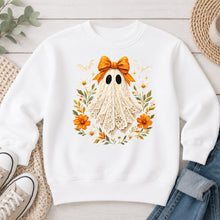 Load image into Gallery viewer, Lace Ghost Orange Bow Halloween design on White crewneck sweatshirt