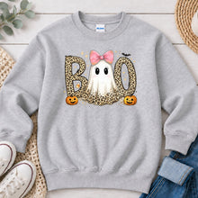 Load image into Gallery viewer, Leopard Boo Pink Bow Ghost Halloween design on Ash Grey crewneck sweatshirt