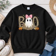Load image into Gallery viewer, Leopard Boo Pink Bow Ghost Halloween design on Black crewneck sweatshirt