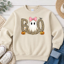 Load image into Gallery viewer, Leopard Boo Pink Bow Ghost Halloween design on Sand crewneck sweatshirt
