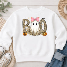 Load image into Gallery viewer, Leopard Boo Pink Bow Ghost Halloween design on White crewneck sweatshirt