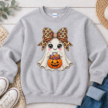 Load image into Gallery viewer, Leopard Bow Ghost Candy Halloween design on Ash Grey crewneck sweatshirt