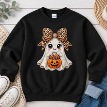 Load image into Gallery viewer, Leopard Bow Ghost Candy Halloween design on Black crewneck sweatshirt