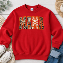 Load image into Gallery viewer, Leopard Checkered Orange Mama Mom & Family design on Red crewneck sweatshirt