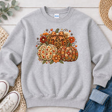 Load image into Gallery viewer, Leopard Floral Pumpkins Fall design on Ash Grey crewneck sweatshirt