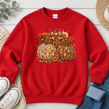 Load image into Gallery viewer, Leopard Floral Pumpkins Fall design on Red crewneck sweatshirt