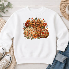 Load image into Gallery viewer, Leopard Floral Pumpkins Fall design on White crewneck sweatshirt