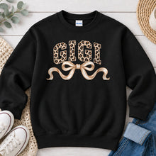 Load image into Gallery viewer, Leopard Gigi Cream Bow Mom & Family design on Black crewneck sweatshirt