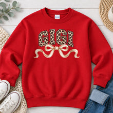 Load image into Gallery viewer, Leopard Gigi Cream Bow Mom & Family design on Red crewneck sweatshirt