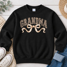Load image into Gallery viewer, Leopard Grandma Cream Bow Mom & Family design on Black crewneck sweatshirt