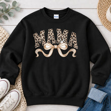 Load image into Gallery viewer, Leopard Mama Cream Bow Mom & Family design on Black crewneck sweatshirt