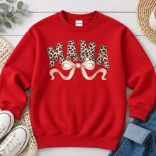Load image into Gallery viewer, Leopard Mama Cream Bow Mom & Family design on Red crewneck sweatshirt