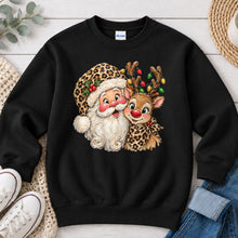 Load image into Gallery viewer, Leopard Santa and Reindeer Christmas design on Black crewneck sweatshirt