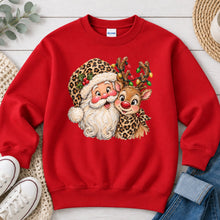 Load image into Gallery viewer, Leopard Santa and Reindeer Christmas design on Red crewneck sweatshirt