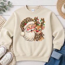 Load image into Gallery viewer, Leopard Santa and Reindeer Christmas design on Sand crewneck sweatshirt