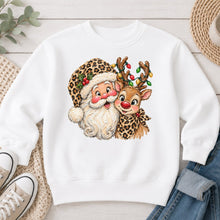 Load image into Gallery viewer, Leopard Santa and Reindeer Christmas design on White crewneck sweatshirt