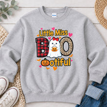 Load image into Gallery viewer, Little Miss Bootiful Plaid Leopard Halloween design on Ash Grey crewneck sweatshirt