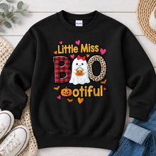 Load image into Gallery viewer, Little Miss Bootiful Plaid Leopard Halloween design on Black crewneck sweatshirt