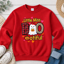 Load image into Gallery viewer, Little Miss Bootiful Plaid Leopard Halloween design on Red crewneck sweatshirt