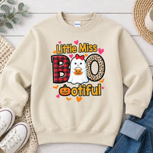 Load image into Gallery viewer, Little Miss Bootiful Plaid Leopard Halloween design on Sand crewneck sweatshirt