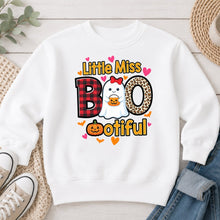 Load image into Gallery viewer, Little Miss Bootiful Plaid Leopard Halloween design on White crewneck sweatshirt